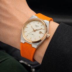 ساعت عقربهای مردانه مدل تیسوت Tissot PRX بند رابر نارنجی و صفحه سفید کد CR-D13263 (x)