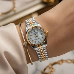 ساعت زنانه رولکس دیت جاست DATE JUST نقره‌ای طلایی صفحه سفید کد W1080