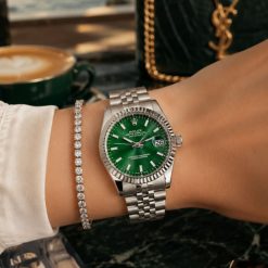 Alternative view of ساعت زنانه مردانه رولکس دیت جاست Oyester Perpetual نقره‌ای صفحه سبز کد W602