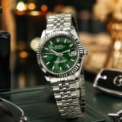 ساعت زنانه مردانه رولکس دیت جاست Oyester Perpetual نقره‌ای صفحه سبز کد W602