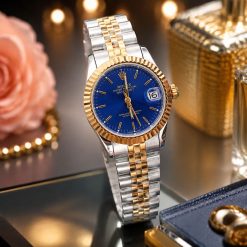 ساعت زنانه مردانه رولکس دیت جاست Oyester Perpetual نقره‌ای طلایی صفحه آبی کد W1175