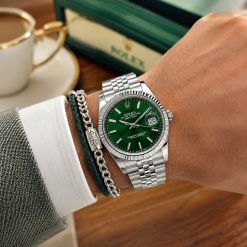 ساعت مردانه رولکس دیت جاست Oyester Perpetual نقرهای صفحه سبز کد W772