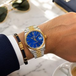 ساعت مردانه رولکس دیت جاست Oyester Perpetual نقره‌ای طلایی صفحه آبی کد W1183