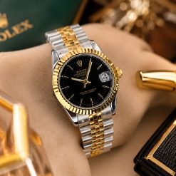 ساعت زنانه مردانه رولکس دیت جاست Oyester Perpetual سیلور طلایی صفحه مشکی کد W218