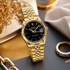 ساعت زنانه مردانه رولکس دیت جاست Oyester Perpetual طلایی صفحه مشکی کد W1081