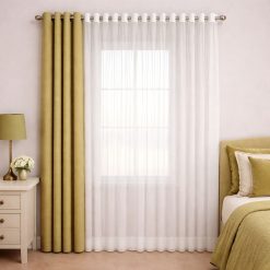 پرده آماده پانچی 1.5 متری حریر ساده با کناره کتان سبز زیتونی (kr-812) کد P021