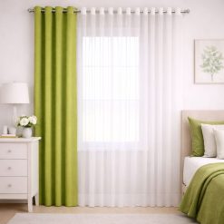 پرده آماده پانچی 1.5 متری حریر ساده با کناره کتان سبز لیمویی (kr-833) کد P105