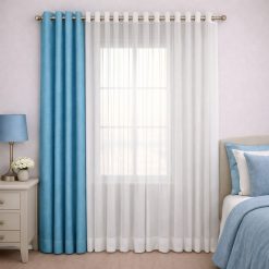 پرده آماده پانچی 1.5 متری حریر ساده با کناره کتان آبی استخری (kr-843) کد P037
