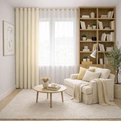 پرده آماده پانچی 1.5 متری حریر ساده با کناره کتان کرم وانیلی (bz-3058) کد P273