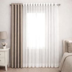 پرده آماده پانچی 1.5 متری حریر ساده با کناره کتان بژ طوسی روشن (kr-802) کد P009