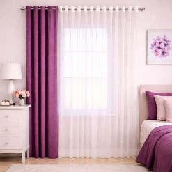 پرده آماده پانچی 1.5 متری حریر ساده با کناره کتان موو پررنگ (kr-818) کد P101