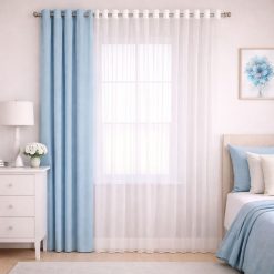 پرده آماده پانچی 1.5 متری حریر ساده با کناره کتان آبی آسمانی (kr-824) کد P093