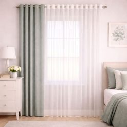 پرده آماده پانچی 1.5 متری حریر ساده با کناره کتان طوسی سبز (kr-828) کد P109