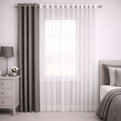 پرده آماده پانچی 1.5 متری حریر ساده با کناره کتان طوسی آبی (kr-826) کد P065