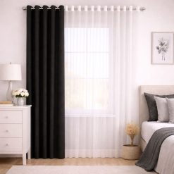 پرده آماده پانچی 1.5 متری حریر ساده با کناره کتان مشکی دودی (kr-839) کد P133