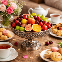 ظرف میوهخوری مسی پایه دار رنگ کروم طرح فاخر (NF)
