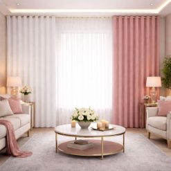 Alternative view of پرده آماده پانچی 3 متری حریر ساده با کناره کتان صورتی رز ملایم (bz-2528) کد P294