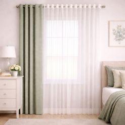 پرده آماده پانچی 1.5 متری حریر ساده با کناره کتان سبز خاکستری (kr-841) کد P097