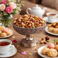 ظرف آجیل خوری مسی پایه دار رنگ کروم طرح فاخر (NF)