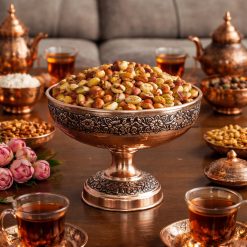 ظرف آجیلخوری مسی پایهدار طرح رز (NF)