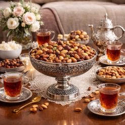 ظرف آجیلخوری مسی پایهدار رنگ کروم طرح فاخر (NF)