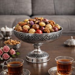 ظرف آجیلخوری مسی پایهدار رنگ کروم طرح رز (NF)