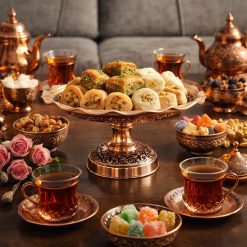 ظرف شیرینیخوری مسی پایهدار طرح رز (NF)