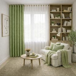 پرده آماده پانچی 1.5 متری حریر ساده با کناره شنل سبز زیتونی (bz-132) کد P465