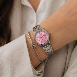 ساعت زنانه کاسیو گرد بند فلزی سیلور صفحه صورتی (e) کد W047