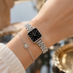 ساعت کلاسیک زنانه مربعی مدل دنیل ولینگتن نقرهای مشکی بند فلزی کد 13836XL-QM