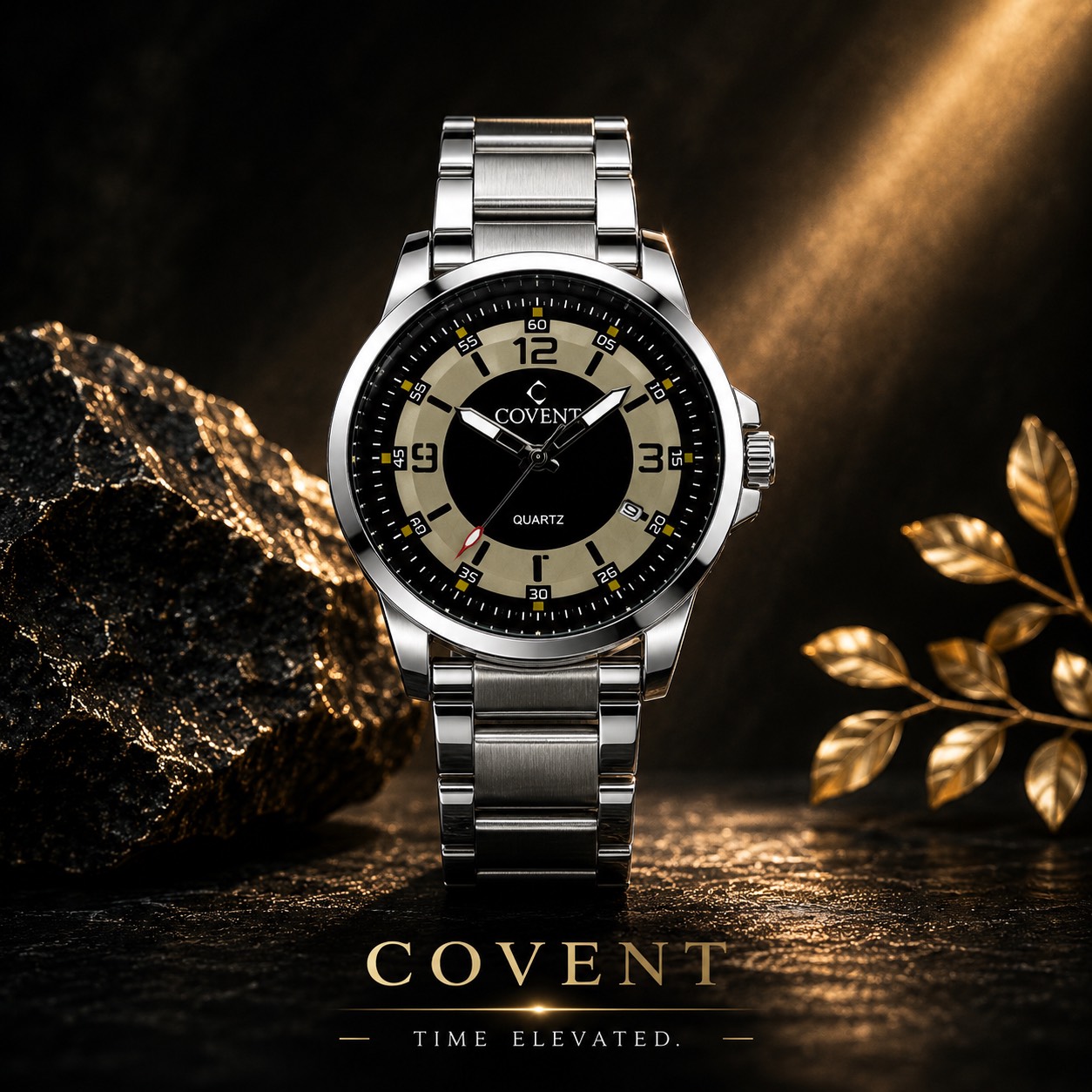 ساعت مردانه کاونت COVENT بند فلزی صفحه مشکی-کرم (zz) کد W1320 - تصویر 2