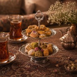 ظرف شیرینی خوری دو طبقه مسی رز کروم طرح نازگل (NF)