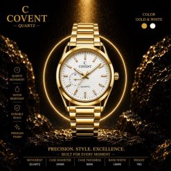 ساعت عقربهای مردانه کاونت | COVENT رنگ طلایی-سفید بند استیل (zz) کد XRN-4802 (x1)