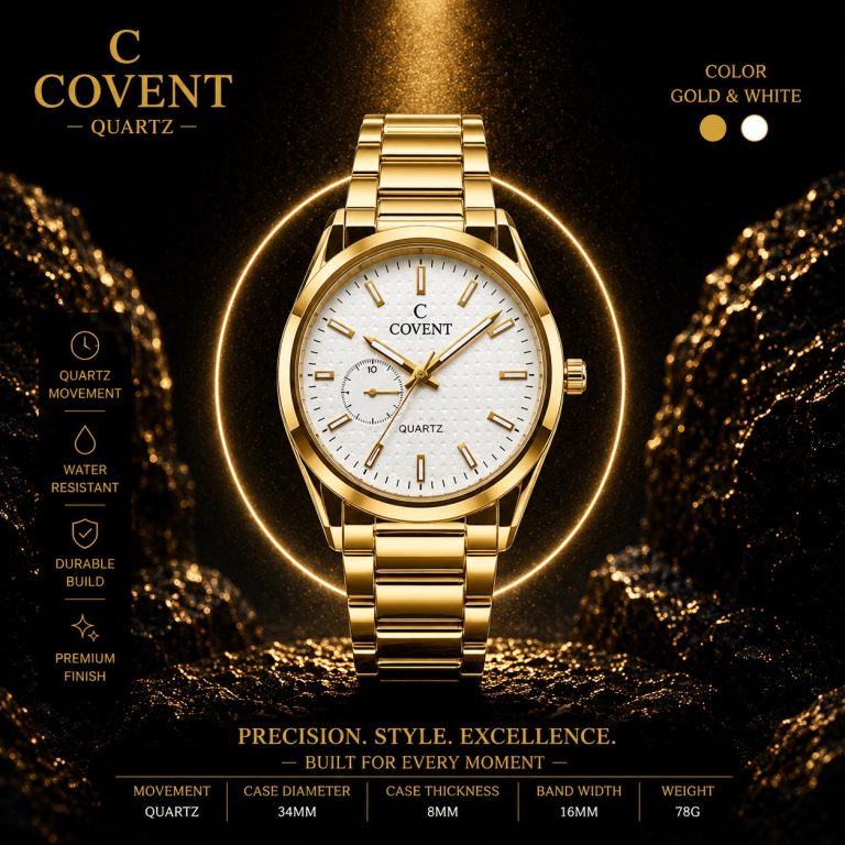 ساعت عقربهای مردانه کاونت | COVENT رنگ طلایی-سفید بند استیل (zz) کد XRN-4802 (x1)