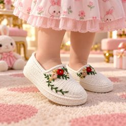 گیوه بچگانه و نوجوان دست دوز سفید گل برجسته زیره آلن (R) کد G165