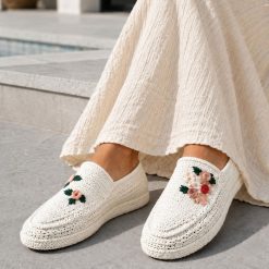 گیوه زنانه دست دوز سفید گلدوزی رنگی زیره آلن (R) کد G153