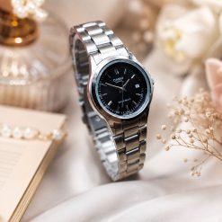 ساعت casio زنانه صفحه گرد مشکی بند فلزی کاسیو نقرهای (e) کد 8541XL-QM