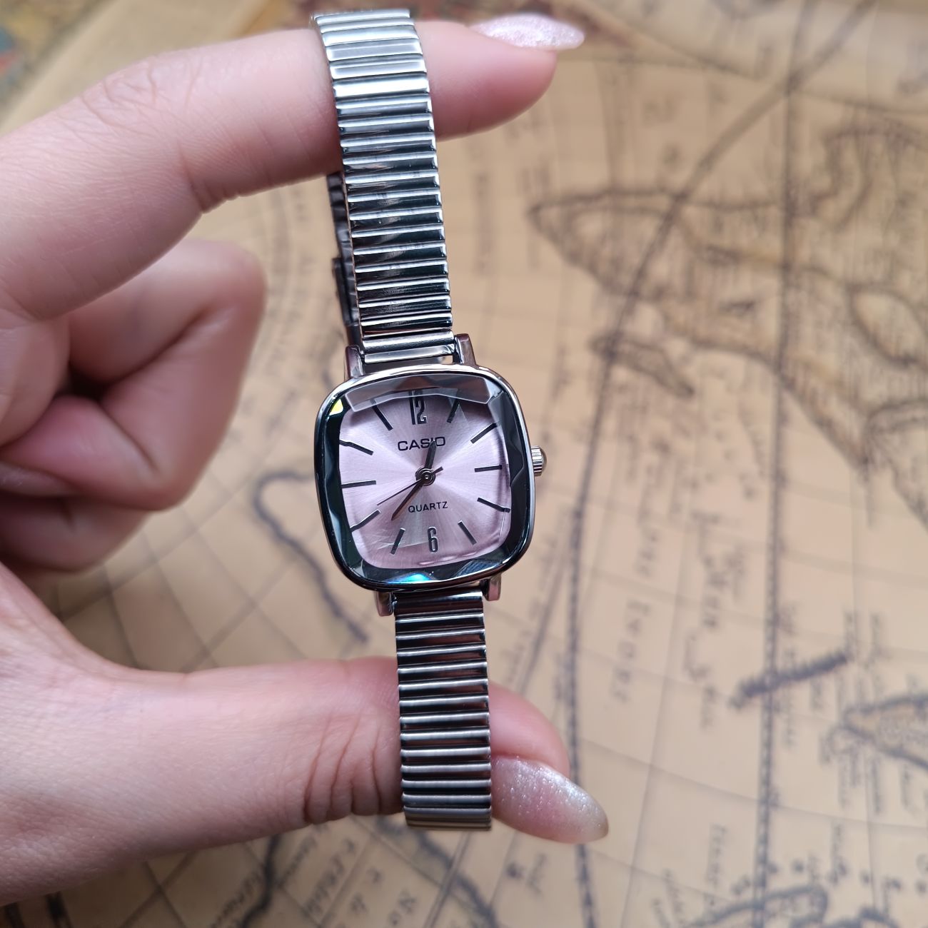 ساعت casio زنانه صورتی سیلور کاسیو سری بند کشویی مربعی (e) کد WF-008523 - تصویر 5