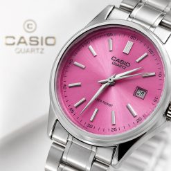 ساعت کاسیو زنانه نقرهای صفحه گرد سرخابی (e) کد CAA-14123