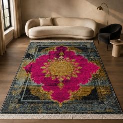 فرش اتاق و پذیرایی طرح کلاسیک رنگ سرخابی طلایی استپ دار (TI) کد XL-5235M