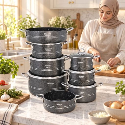 سرویس قابلمه 14 پارچه گرانیتی رنگ مدادی چکشی هلنا مدل کلاسیک (AF) کد LGH001 - تصویر 2