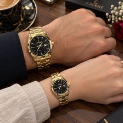 ساعت ست زنانه و مردانه گرد کاونت رنگ طلایی صفحه مشکی (ZZ) کد W1740
