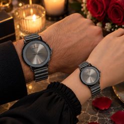 ساعت ست زنانه و مردانه گرد کاونت مشکی صفحه طوسی (ZZ) کد W1710