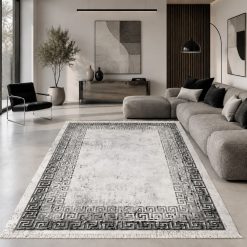 فرش اتاق و پذیرایی مینیمال پینترستی حاشیه یونانی ترمز دار رنگ طوسی روشن (TI) کد XL-15361M