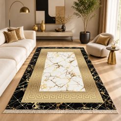 فرش اتاق و پذیرایی لوکس رنگ مشکی- طلایی استپ دار (TI) کد XL-5792M