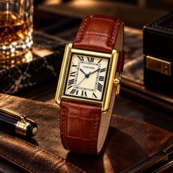 ساعت مردانه کارتیر چرمی قهوهای صفحه سفید قاب طلایی (ZZ) W1756