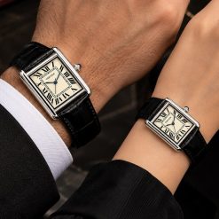 ساعت ست مردانه و زنانه کارتیر تانک چرمی مشکی صفحه سفید (ZZ) W1757