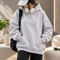 هودی زنانه بیسیک جیب کانگورویی تو کرک طوسی (PG) کد LB373