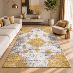 فرش اتاق و پذیرایی مدرن استپ دار رنگ طلایی- طوسی (TI) کد 0023A-5816