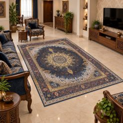 فرش اتاق و پذیرایی طرح کلاسیک کرم - سورمه ای استپ دار (TI) کد XMA-578